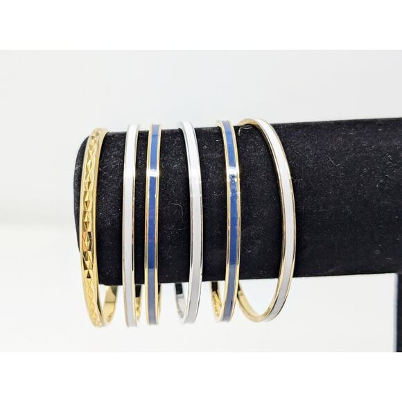 Monet Bangle Bracelet Lot of 6 Enamel Gold Silver White Navy Blue - Picture 1 of 4